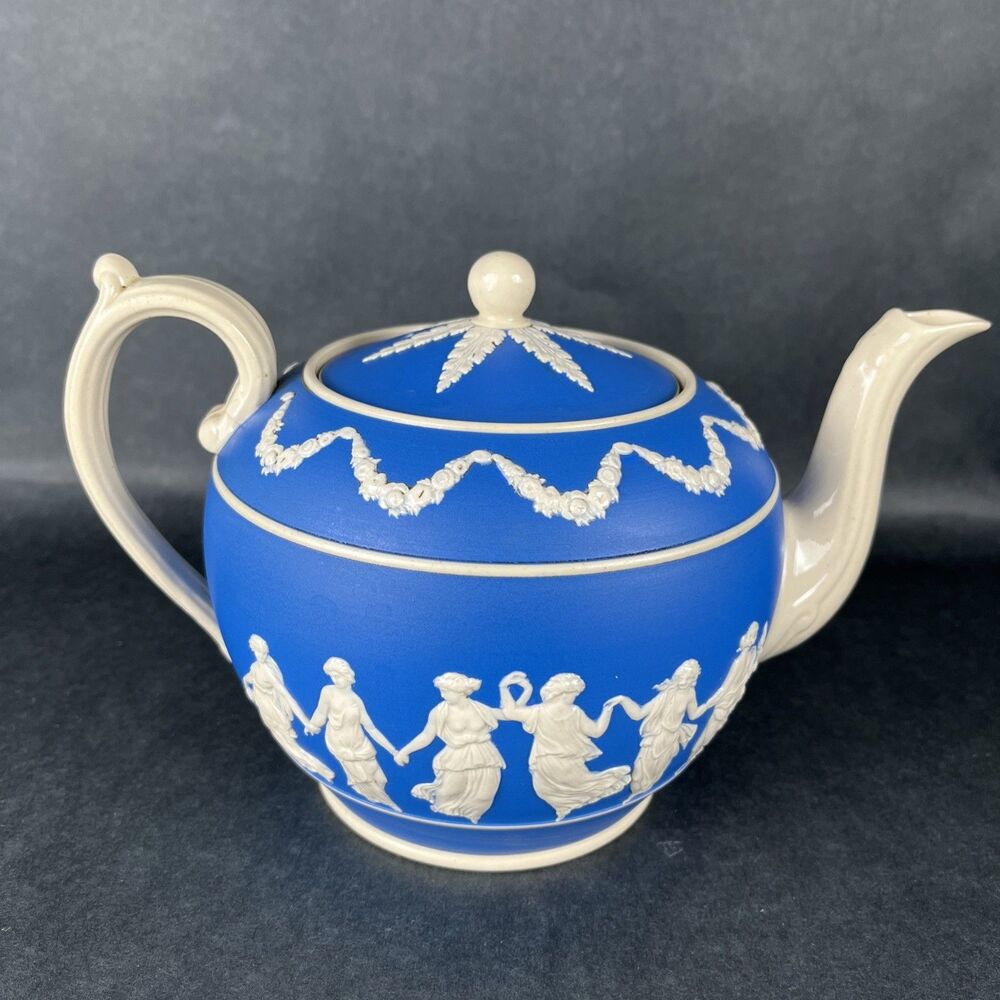 Rare Antique Copeland Spode Blue Jasperware Teapot "Dancing Hours" Neoclassical - Picture 2 of 16